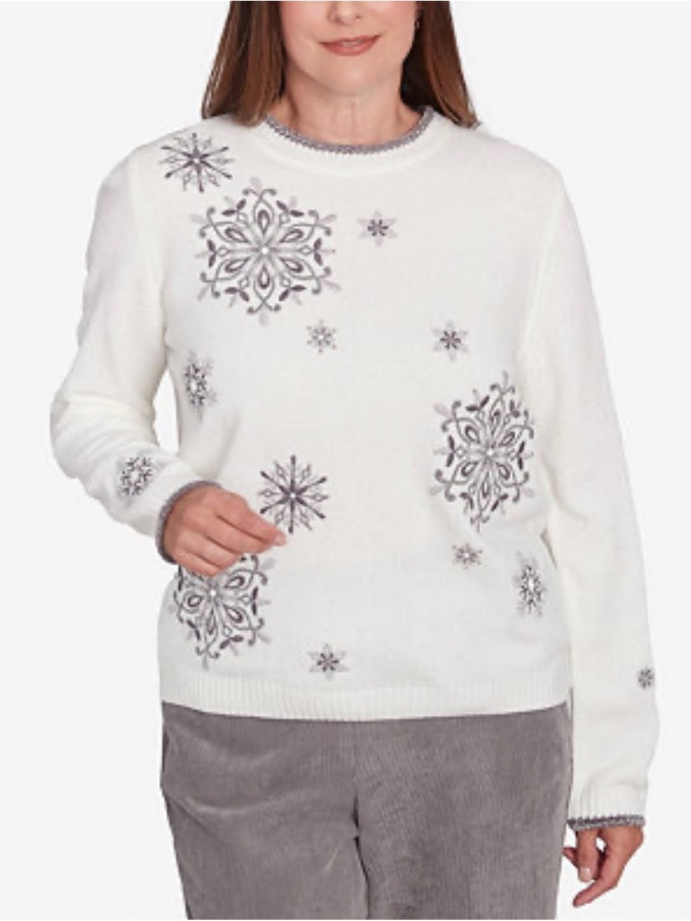 Alfred Dunner White Crewneck Sweater with Gray Snowflake Embellishments
